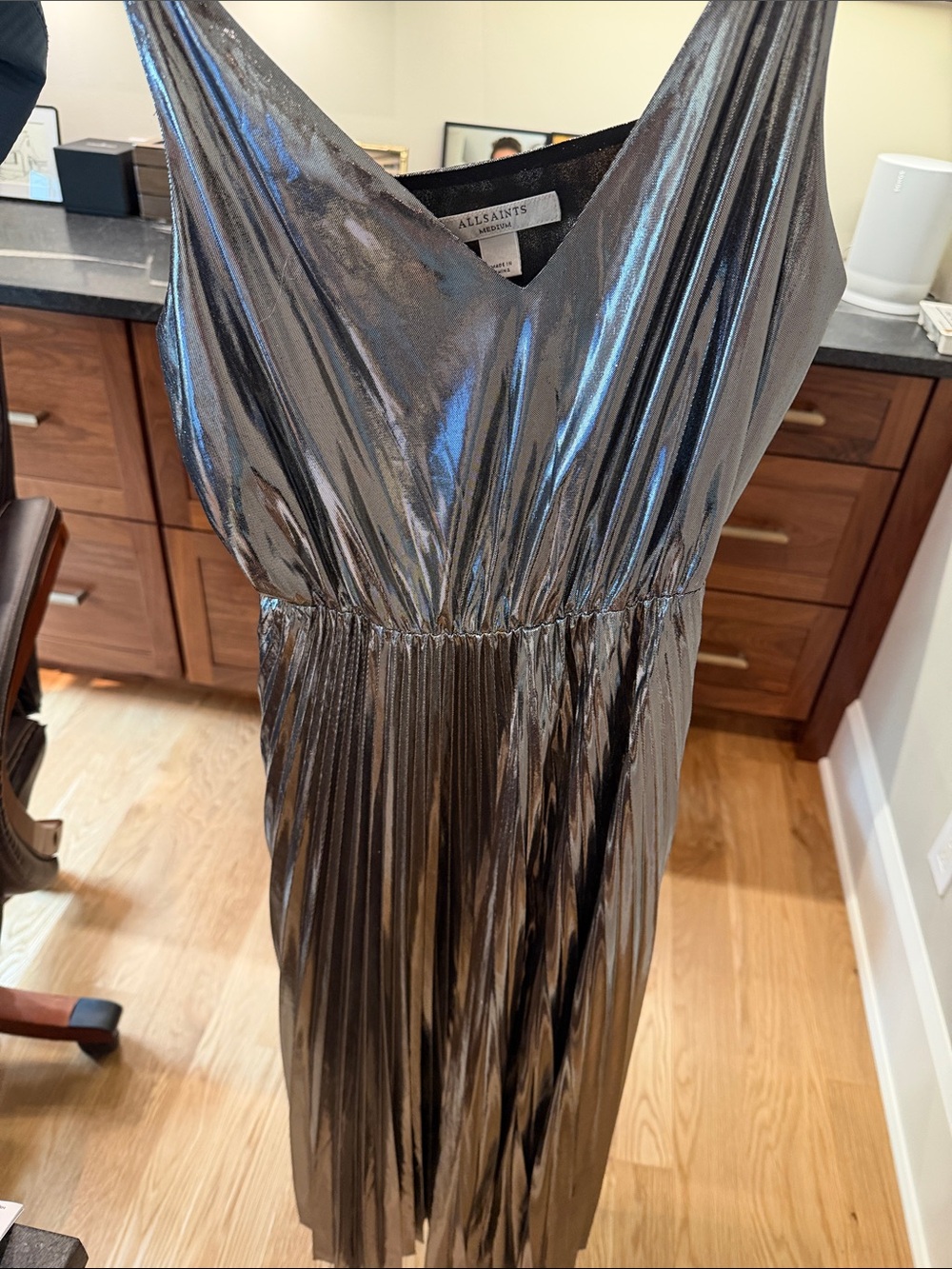 All Saints Metallic Silver Pleated Maxi Dress - Picture 6 of 10